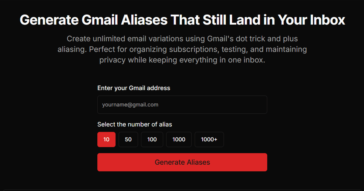 Gmail Alias Generator interface